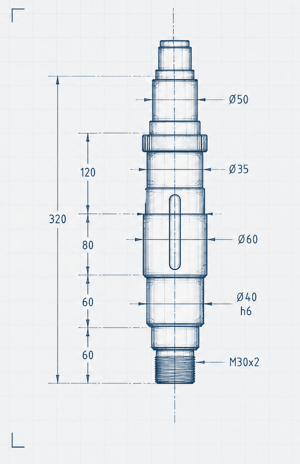 Technische Blueprint-Zeichnung: Pumpenwellen